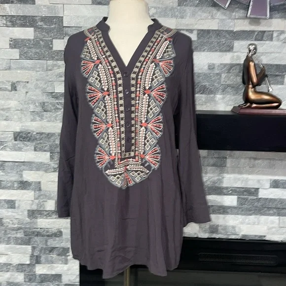 Solitaire Tops | Solitaire Womens Embroidered Tunic Mini Dress Size M Grey Boho Style | Color: Gray | Size: M | Vilmavilma15000's Closet